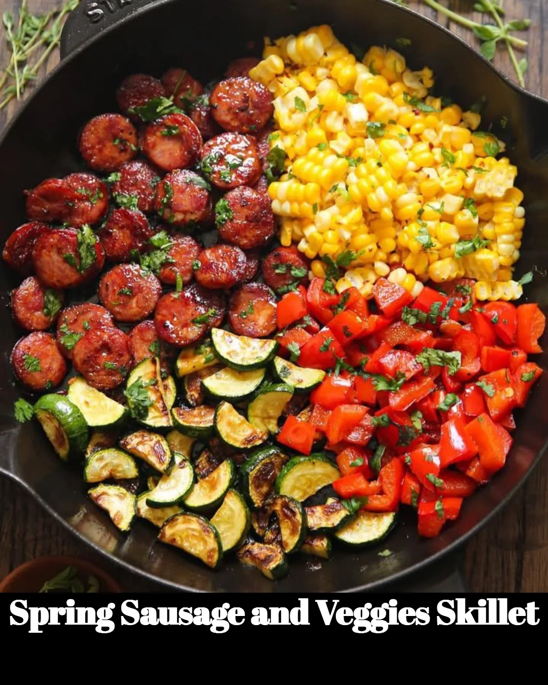 Colorful Spring Sausage and Veggies Skillet with fresh ingredients in a frying pan