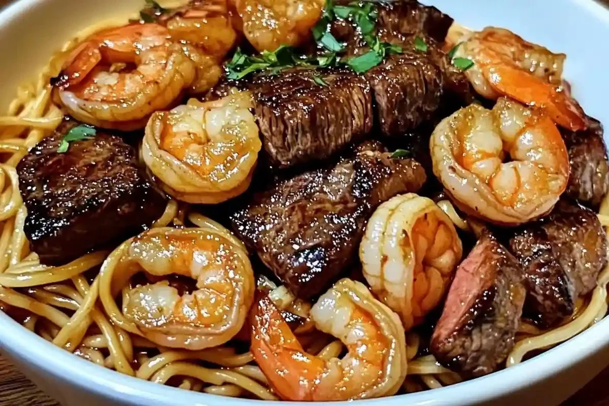 Delicious Steak Shrimp Noodles served with vibrant vegetables and sauce