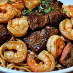 Delicious steak and shrimp noodles dish ready to serve