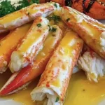 Steamed king crab legs with garlic herb butter on a plate