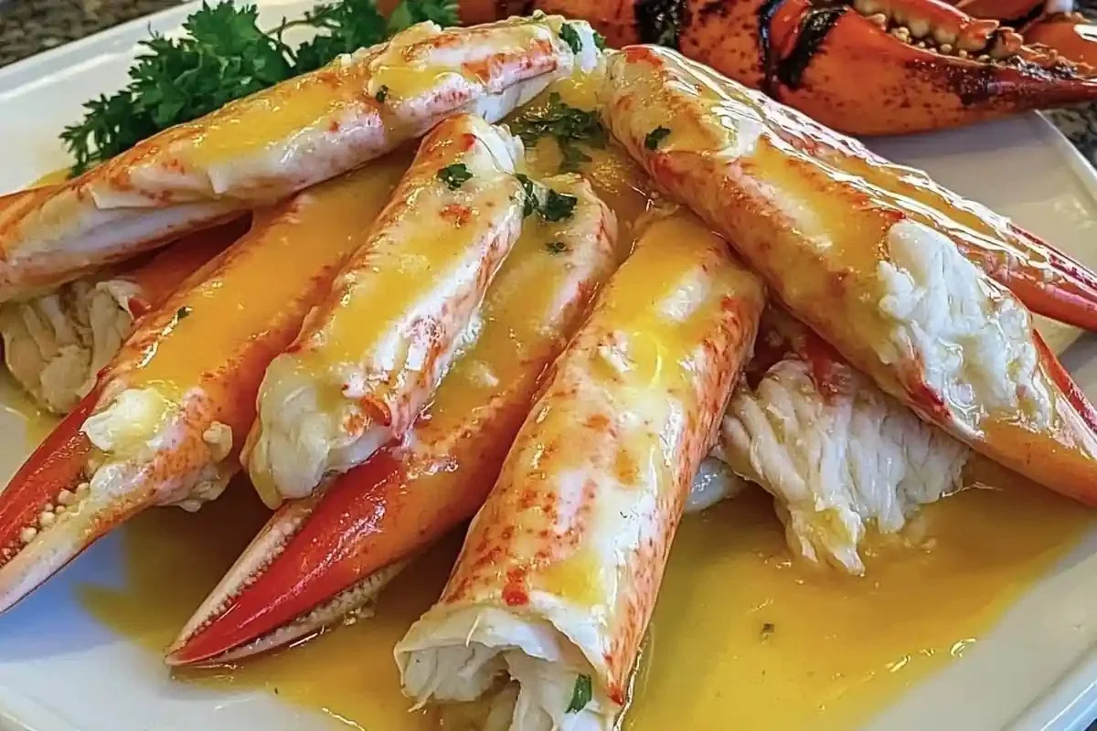 Steamed king crab legs with garlic herb butter on a plate