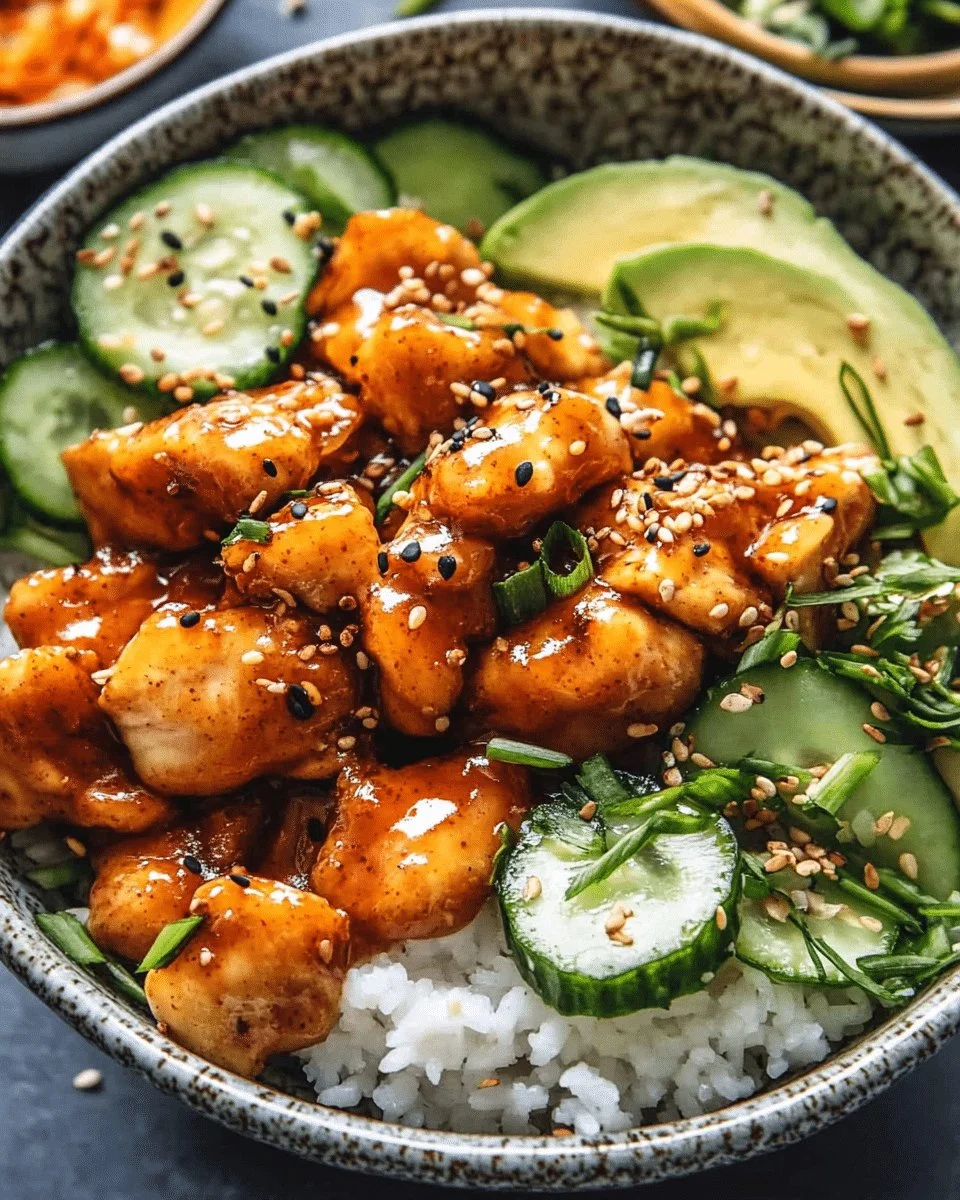 Delicious sticky orange chicken bowls topped with yum yum sauce