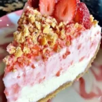 A delicious slice of Strawberry Crunch Cheesecake with a crunchy topping.