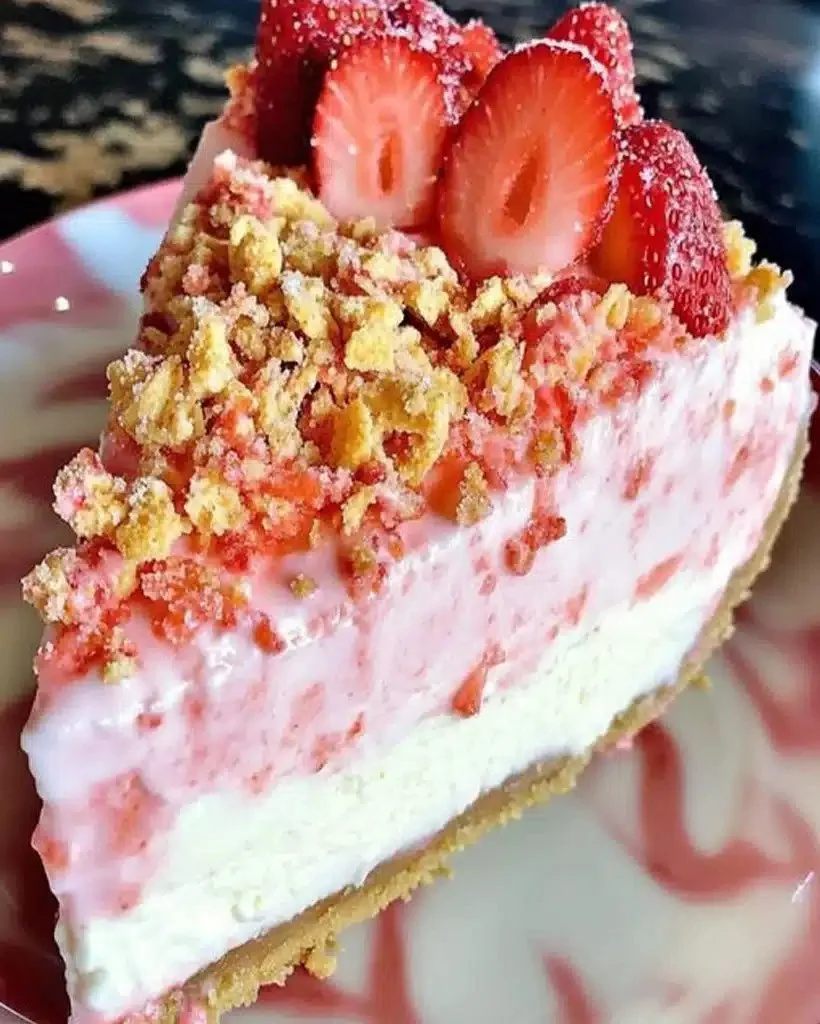 A delicious slice of Strawberry Crunch Cheesecake with a crunchy topping.