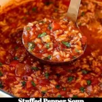 Bowl of delicious stuffed pepper soup with colorful bell peppers and herbs