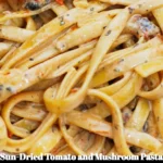 Sun-dried tomato and mushroom pasta with garlic and basil cream sauce