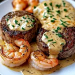 Delicious Surf and Turf with Creamy Garlic Sauce served on a plate