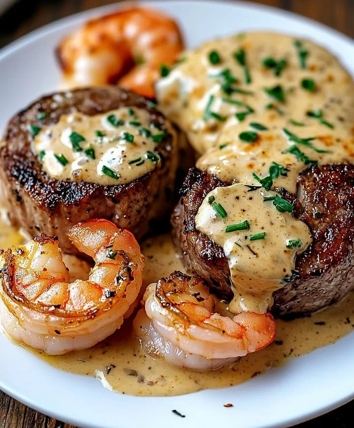 Delicious Surf and Turf with Creamy Garlic Sauce served on a plate