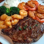 Delicious T-Bone Steak served with crispy fried shrimp