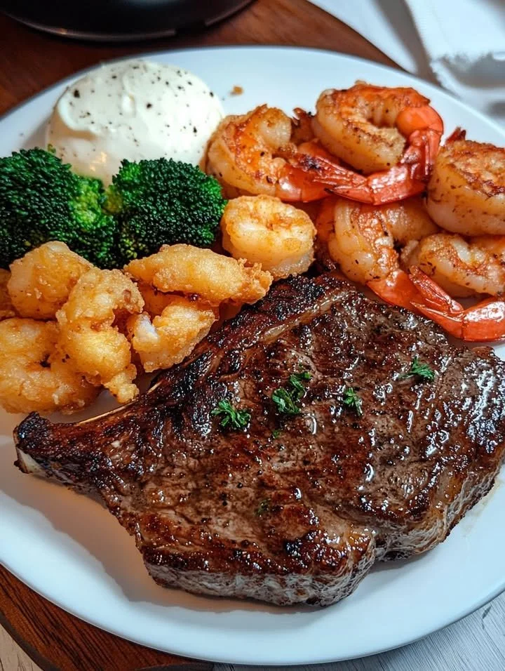 Delicious T-Bone Steak served with crispy fried shrimp