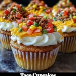 Savory Taco Cupcakes topped with cheese and fresh ingredients