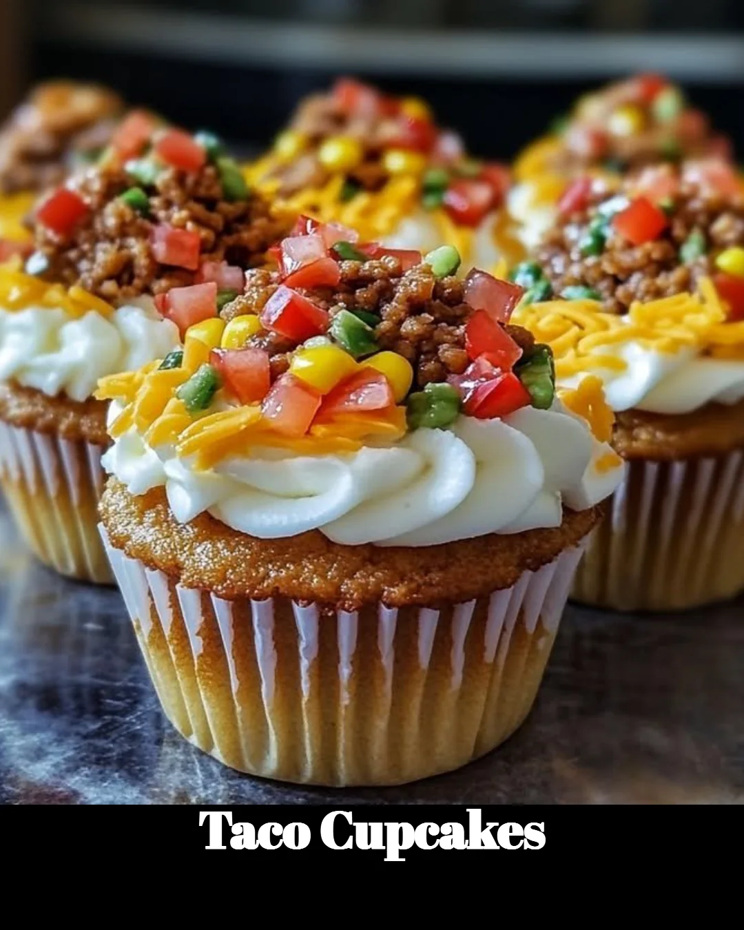 Savory Taco Cupcakes topped with cheese and fresh ingredients