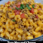 Delicious Taco Mac and Cheese in a creamy cheese sauce with taco toppings