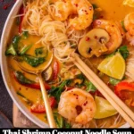 A bowl of Thai shrimp coconut noodle soup garnished with herbs