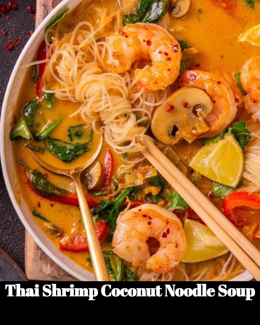 A bowl of Thai shrimp coconut noodle soup garnished with herbs