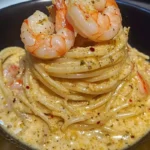 Plate of velvety shrimp cream linguine with shrimp and herbs