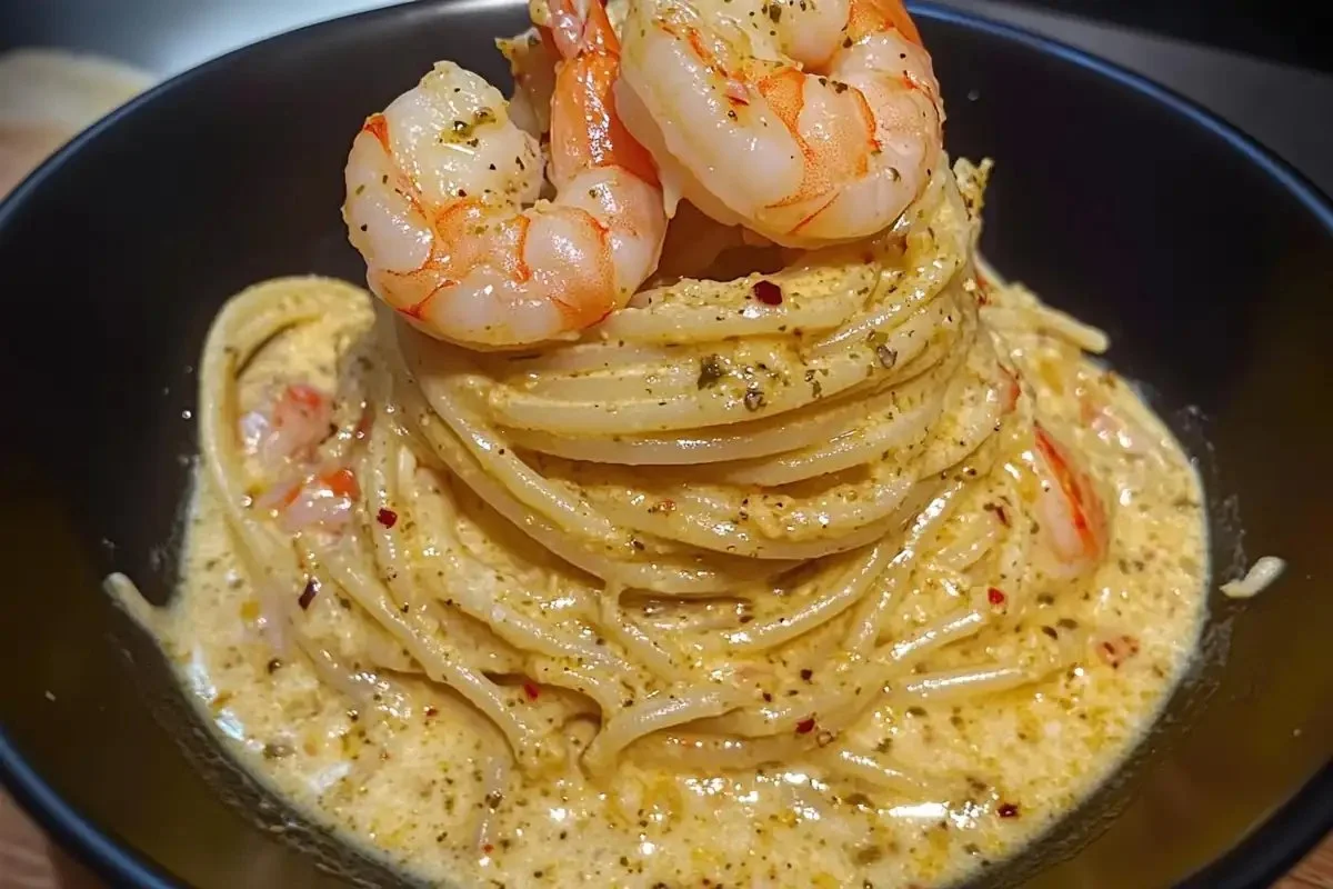 Plate of velvety shrimp cream linguine with shrimp and herbs