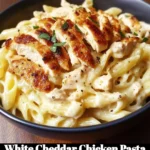 Creamy white cheddar chicken pasta dish garnished with herbs and served in a bowl.