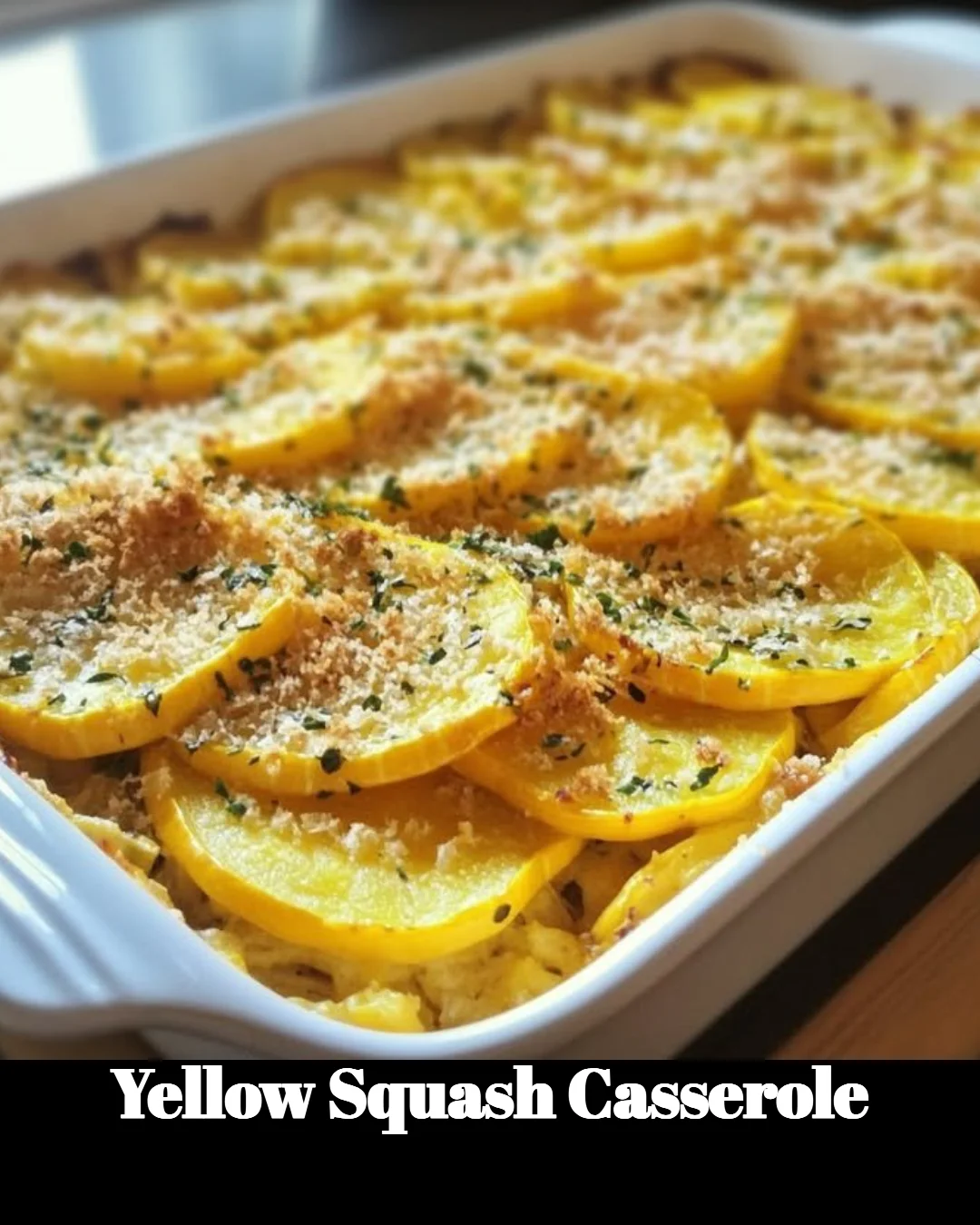 Delicious yellow squash casserole baked with cheese and breadcrumbs.