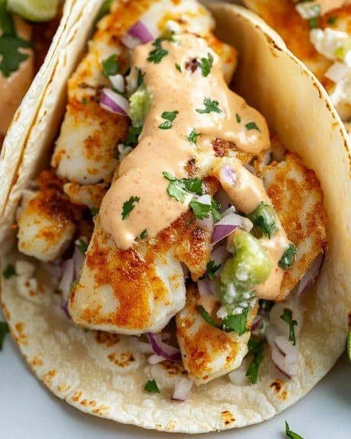 Zesty fish tacos garnished with spicy Sriracha lime sauce and fresh ingredients.
