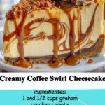 Slice of creamy coffee swirl cheesecake topped with coffee beans.