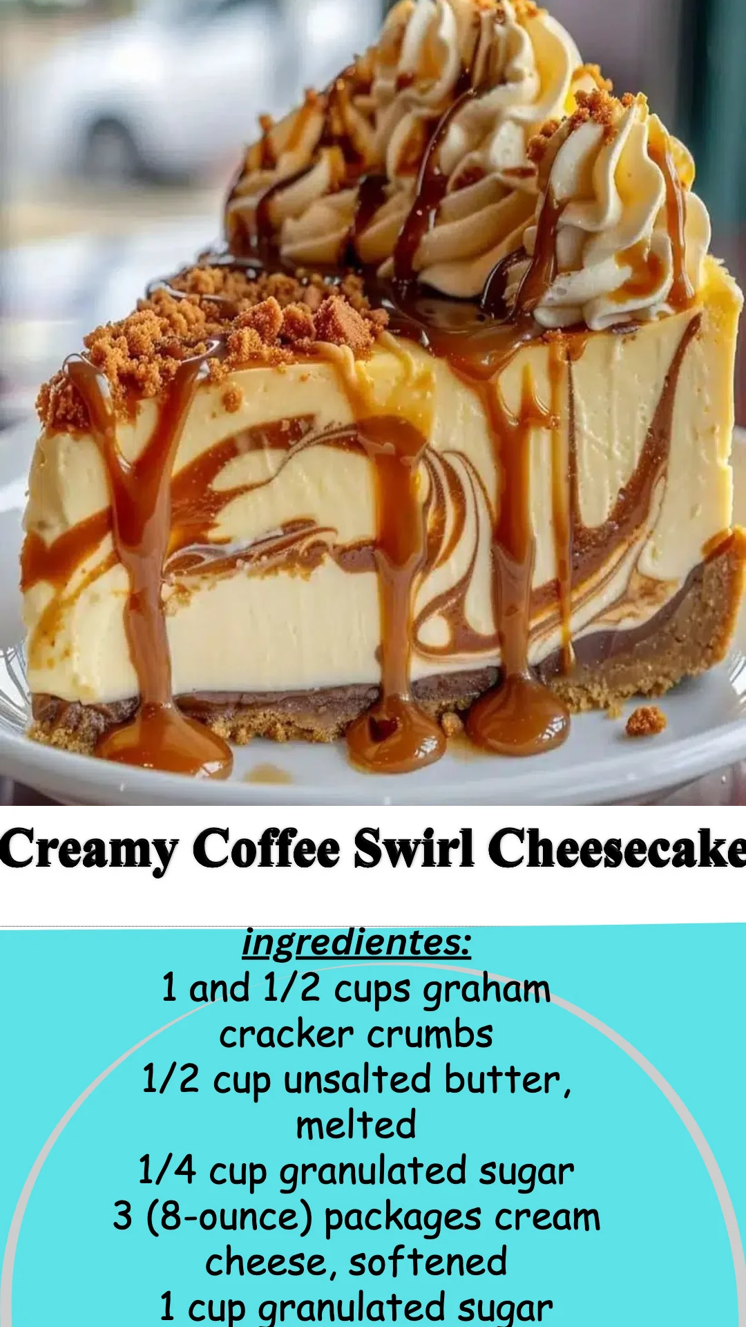 Slice of creamy coffee swirl cheesecake topped with coffee beans.