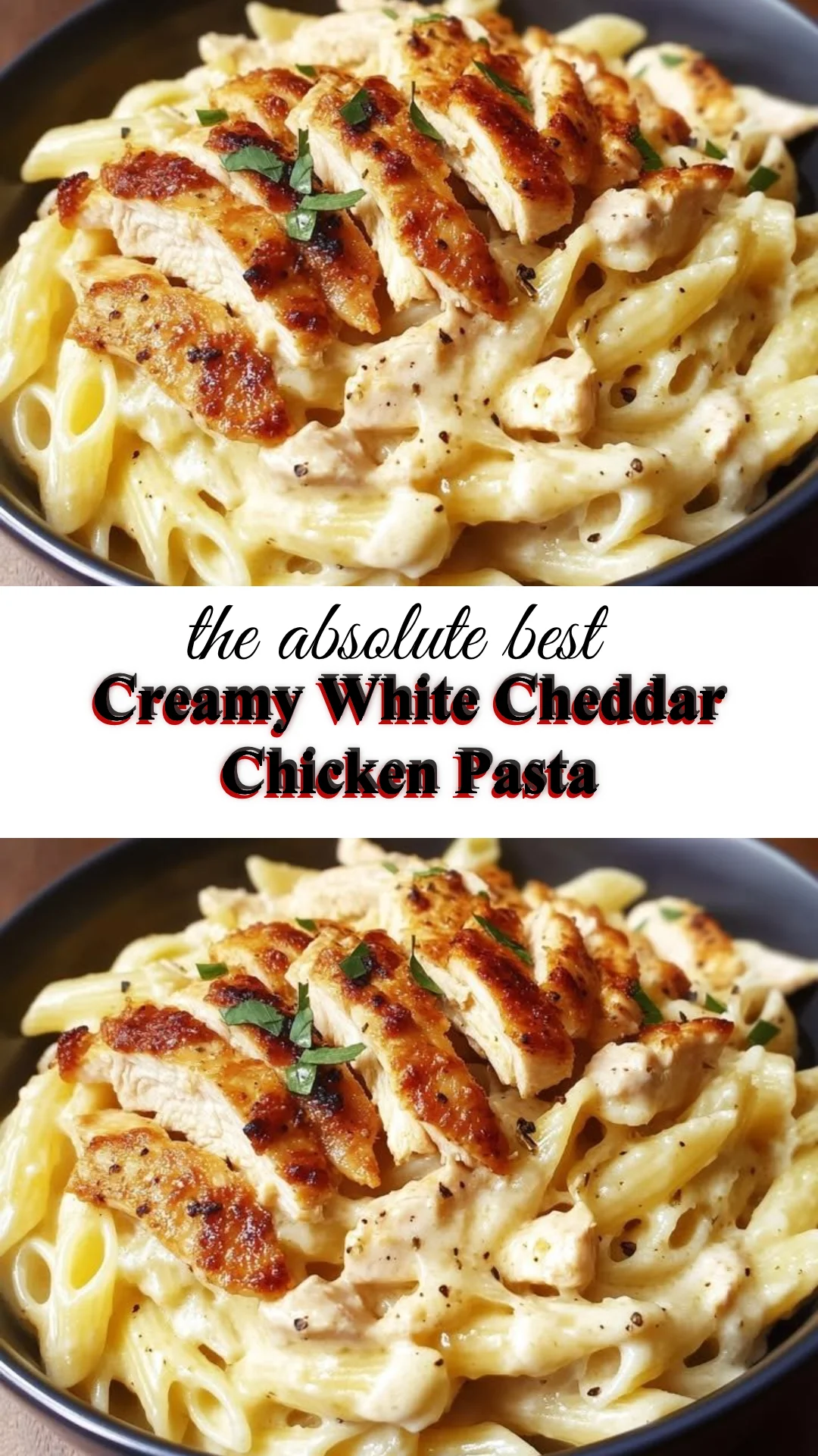 Delicious creamy white cheddar chicken pasta dish garnished with herbs.