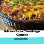 Delicious Bacon Cheeseburger Casserole ready to serve in a baking dish