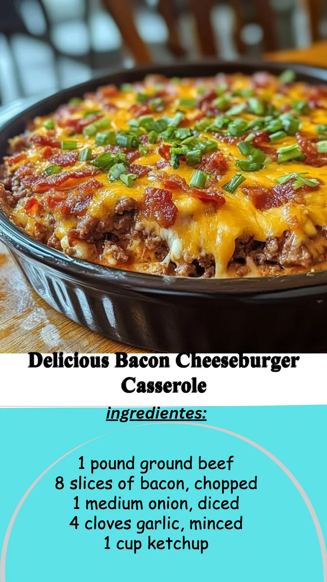 Delicious Bacon Cheeseburger Casserole ready to serve in a baking dish