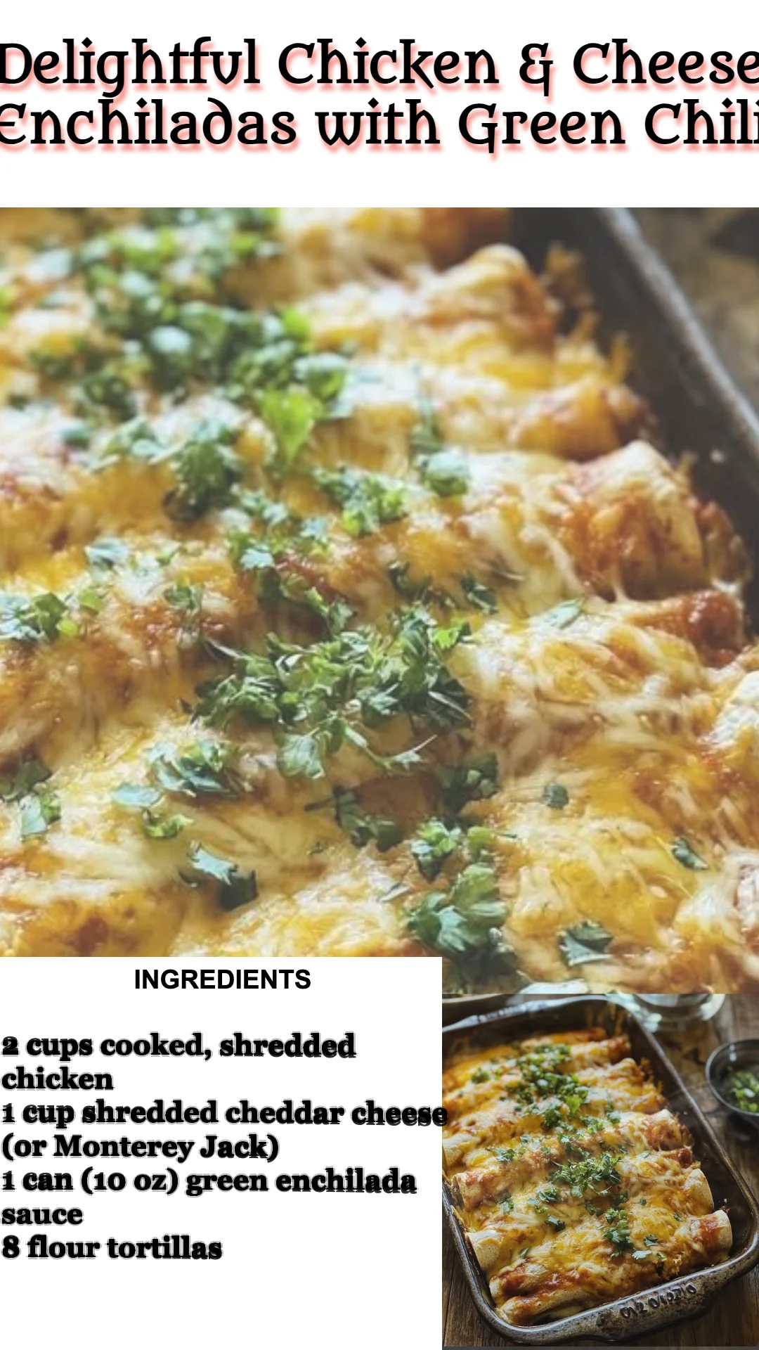 Delicious chicken enchiladas with cheese and green chili on a serving plate