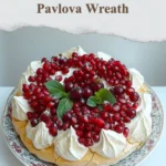 A festive Christmas pavlova wreath topped with fresh berries and mint leaves.
