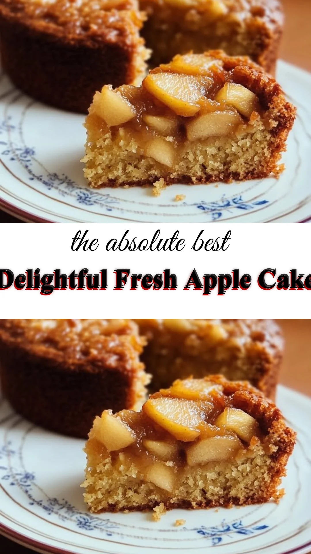 Delicious slice of fresh apple cake with cinnamon and apple slices on top.