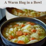 Bowl of hearty cabbage soup filled with vegetables and herbs