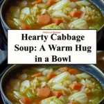 Bowl of hearty cabbage soup with vegetables and herbs on a wooden table