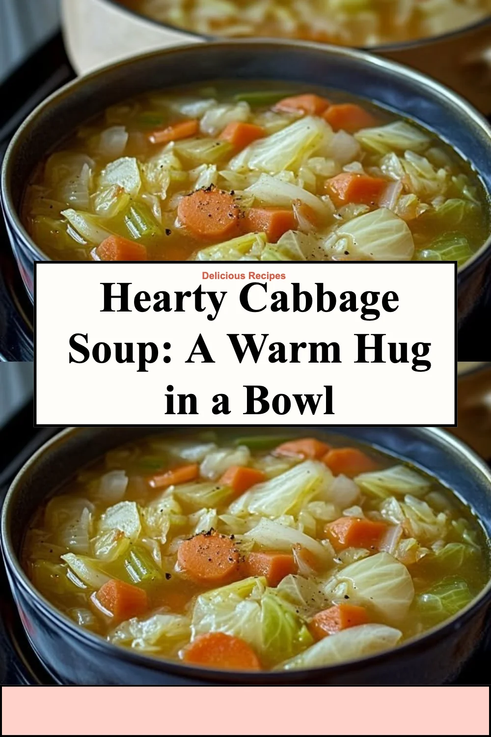 Bowl of hearty cabbage soup with vegetables and herbs on a wooden table