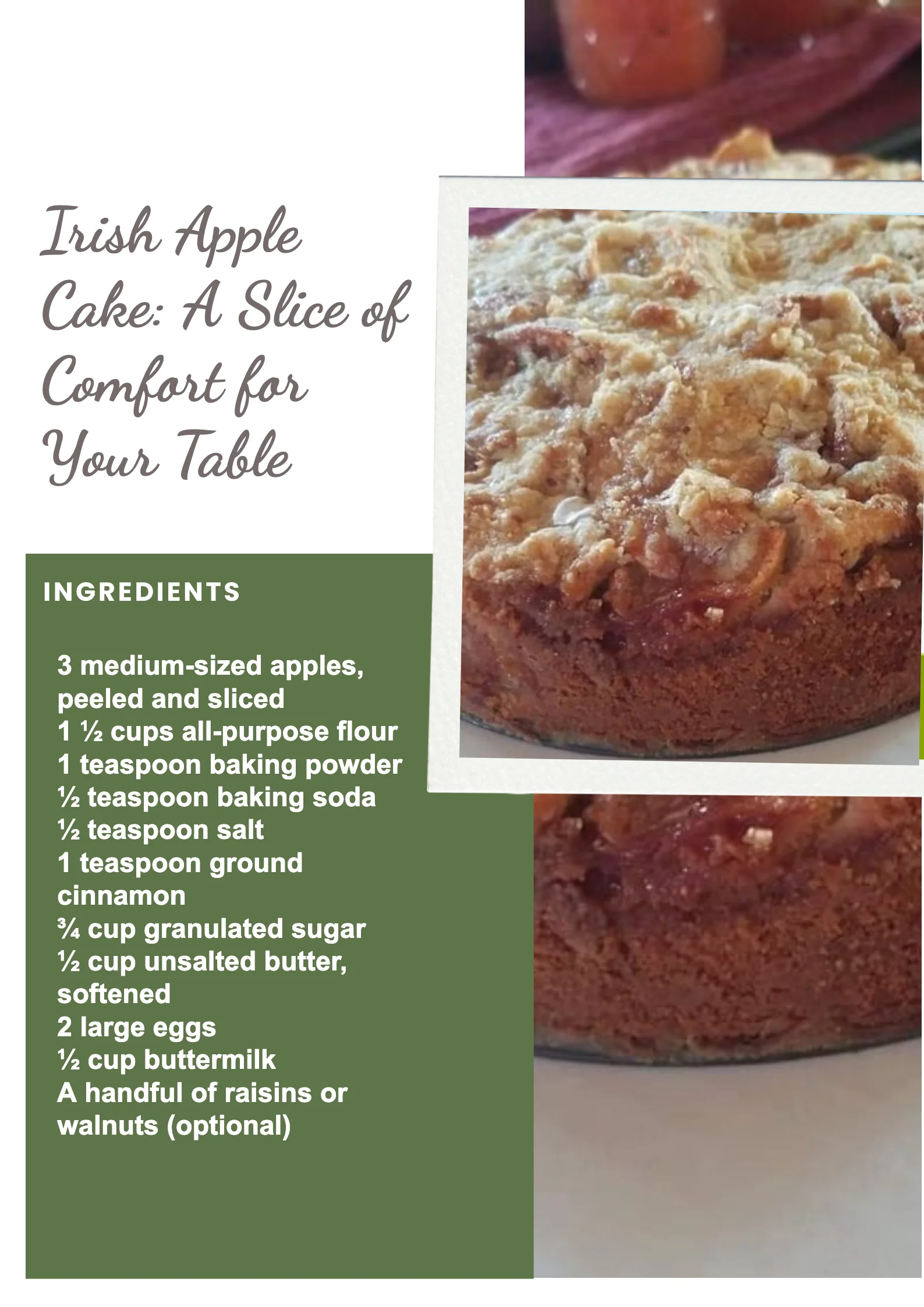 Homemade Irish Apple Cake topped with a sprinkle of sugar on a wooden table