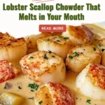 Bowl of creamy lobster scallop chowder garnished with fresh herbs