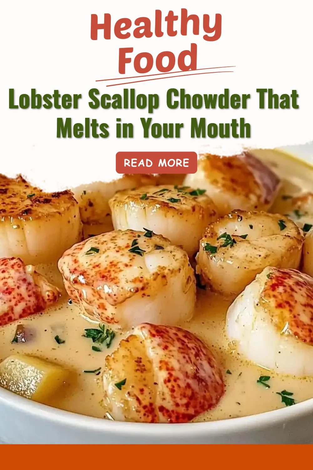 Bowl of creamy lobster scallop chowder garnished with fresh herbs