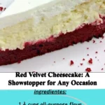 Delicious Red Velvet Cheesecake topped with cream cheese frosting and chocolate shavings.