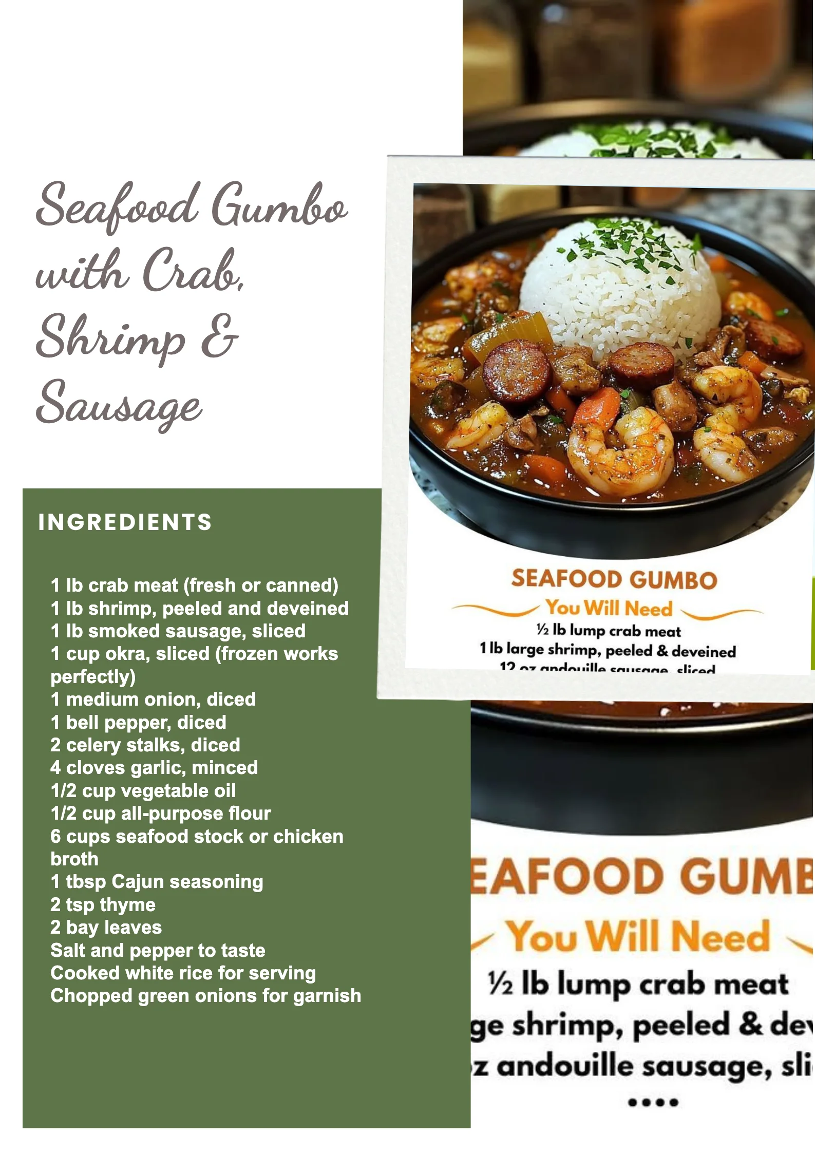 A bowl of Seafood Gumbo with crab, shrimp, and sausage garnished with parsley