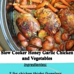Slow cooker honey garlic chicken served with fresh vegetables
