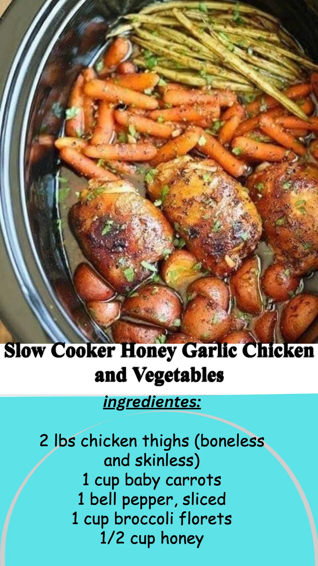 Slow cooker honey garlic chicken served with fresh vegetables