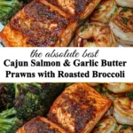 Cajun Salmon served with garlic butter prawns and roasted broccoli on a plate