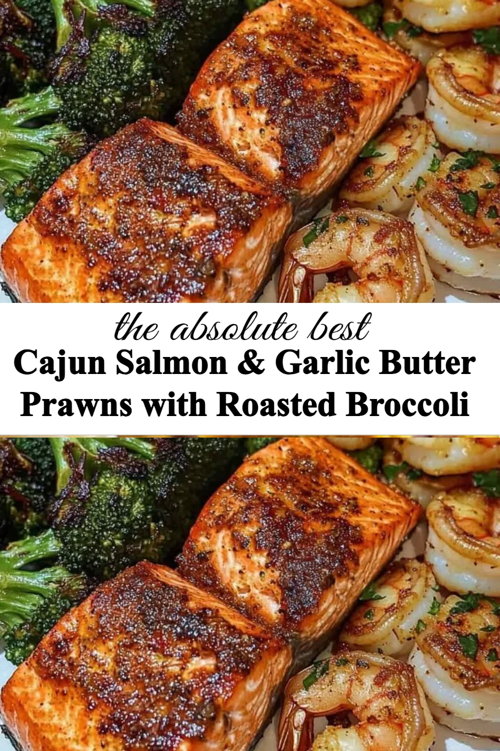 Cajun Salmon served with garlic butter prawns and roasted broccoli on a plate
