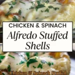 Chicken and spinach stuffed pasta shells topped with creamy Alfredo sauce