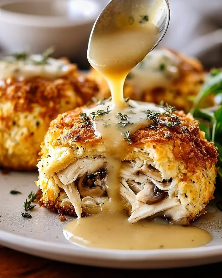 Creamy Chicken and Mushroom Pillows with Savoury Gravy
