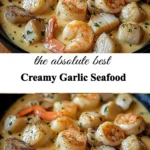 Delicious creamy garlic seafood dish garnished with herbs