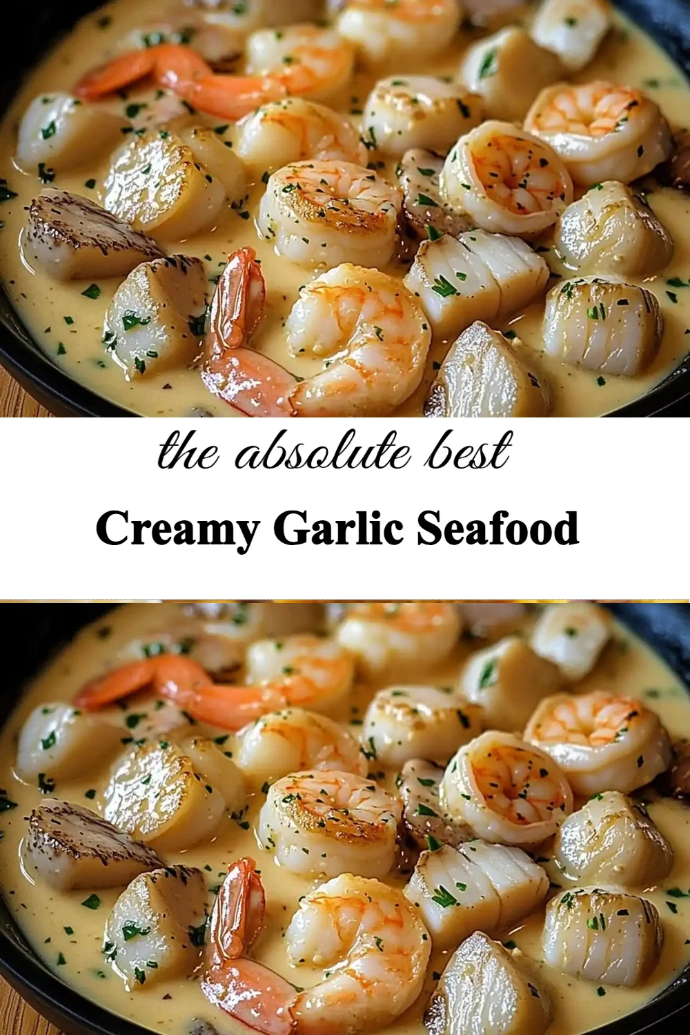 Delicious creamy garlic seafood dish garnished with herbs
