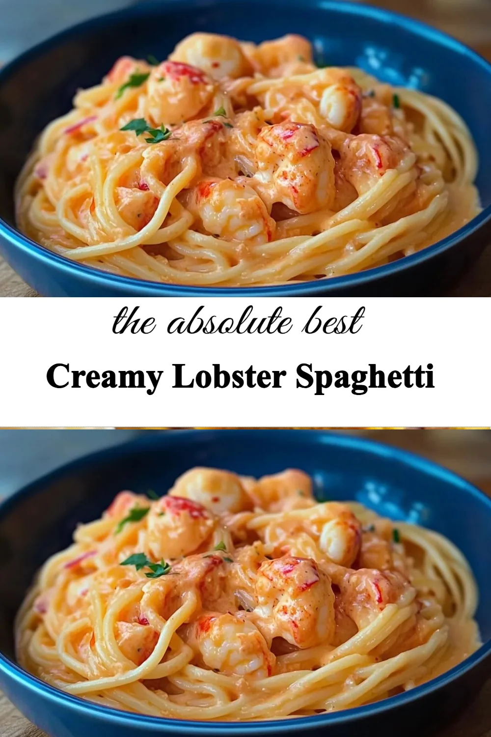Bowl of creamy lobster spaghetti garnished with fresh parsley