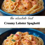 Creamy lobster spaghetti served in a bowl garnished with parsley.
